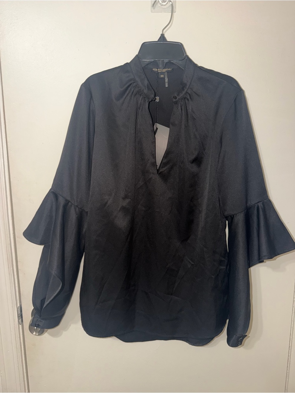 Alberto Makali black satin peep-sleeve blouse